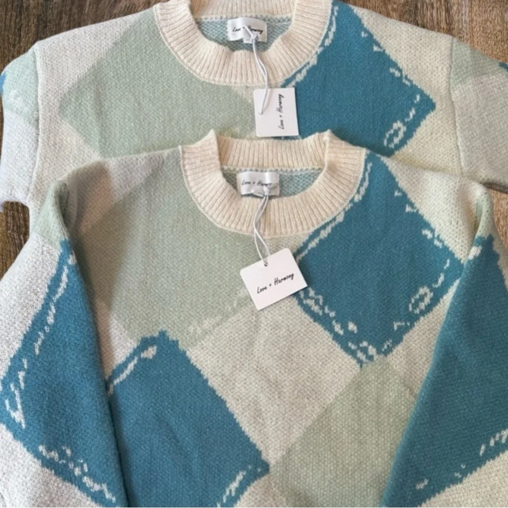 NWT Love & Harmony Argyle Sweater Cream/Teal Size M